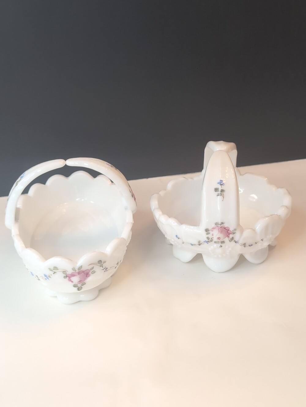 Vintage Westmoreland Milk Glass Baskets With Hand Painted Rose Pattern